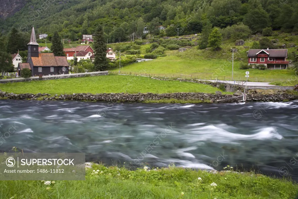 Church at the riverbank, Flam Church, Flamsdalen Valley River, Flam, Aurlandsfjord, Sogn Og Fjordane, Norway