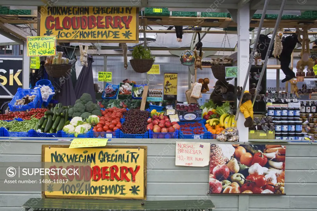 Market stall with vegetables and fruits, Torget Market, Bergen, Hordaland County, Norway