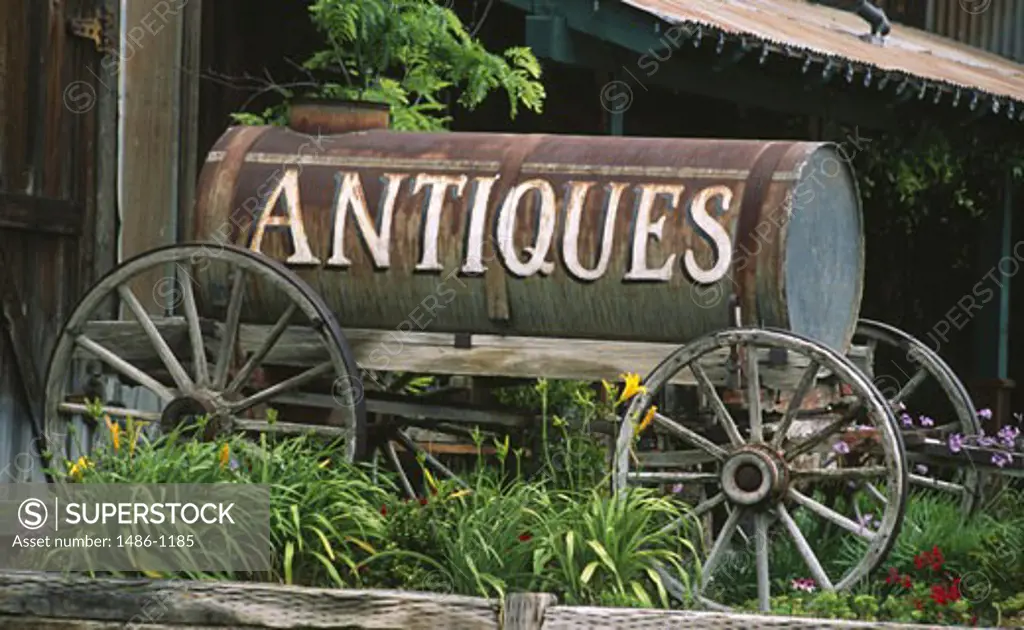 Barrel on a cart at an antique shop, Temecula, California, USA