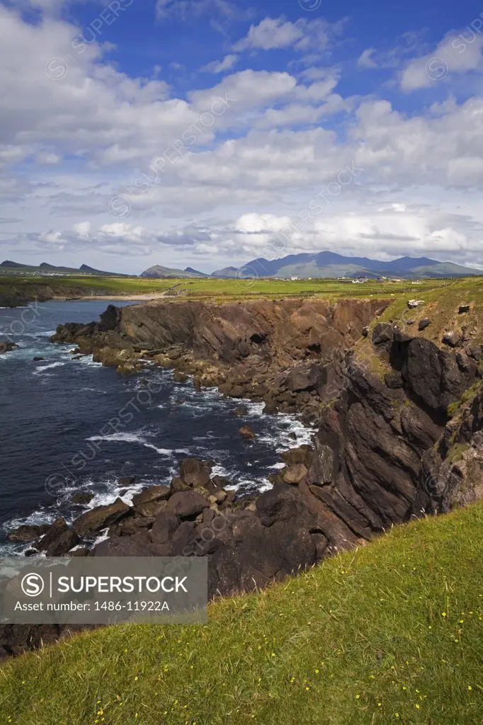 High angle view of a coastline, Atlantic Ocean, Clogher Head, Dingle, Dingle Peninsula, County Kerry, Munster Province, Ireland