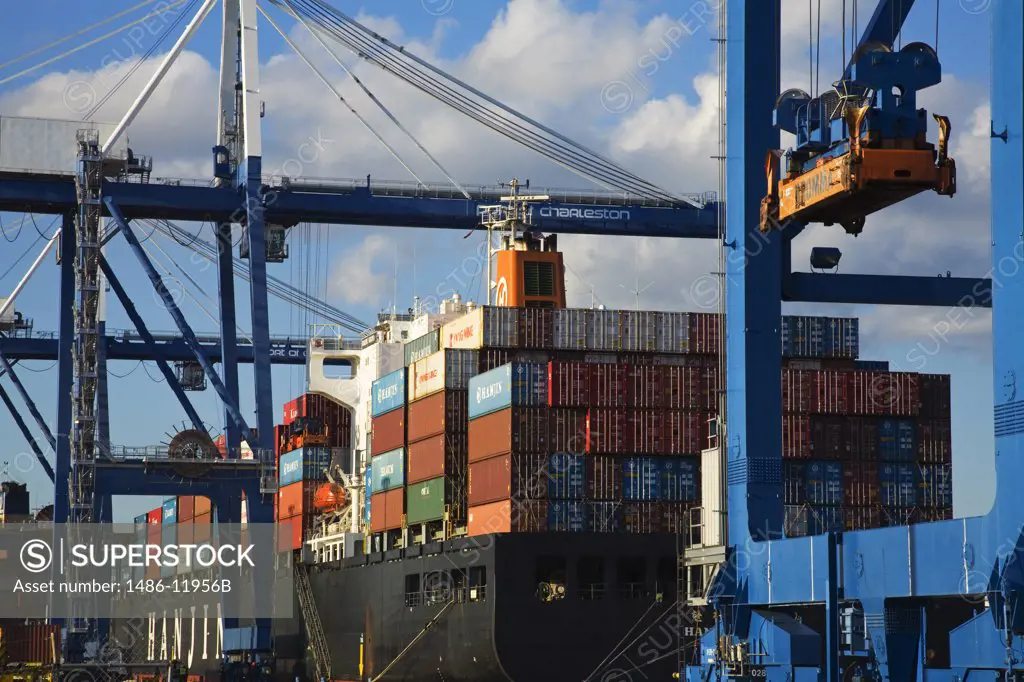 Loaded container ship at a port, Cooper River, Charleston, South Carolina, USA