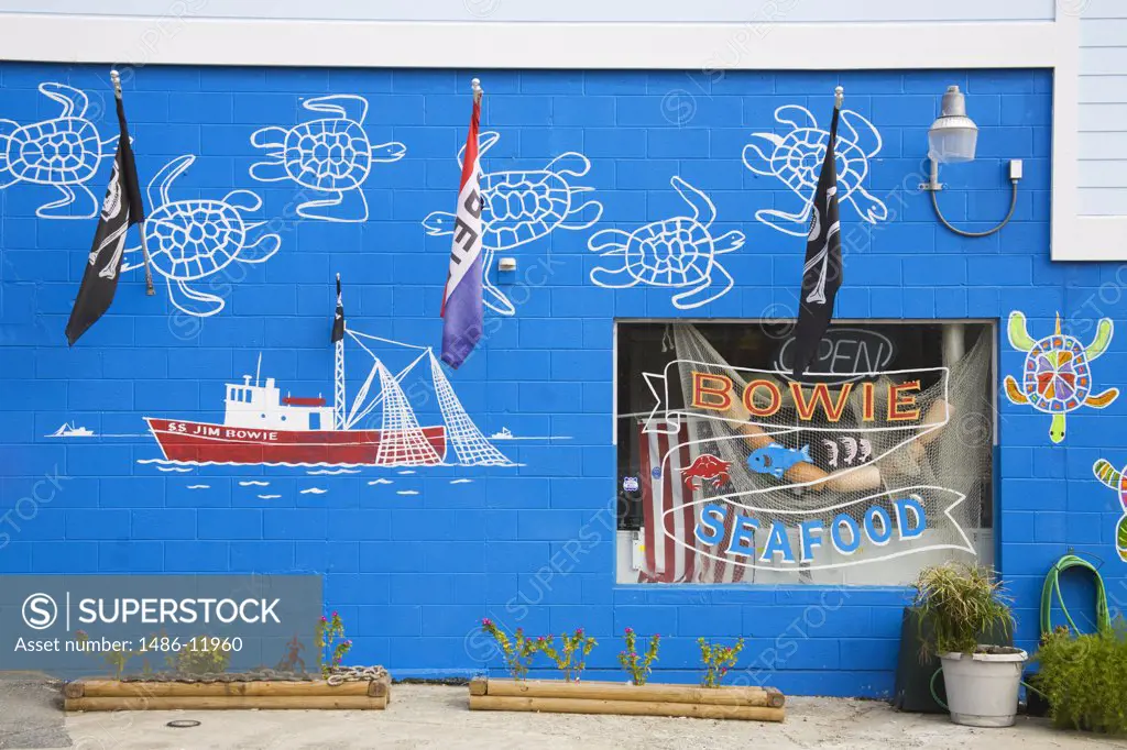 Mural on the wall of a seafood store, Tybee Island, Georgia, USA
