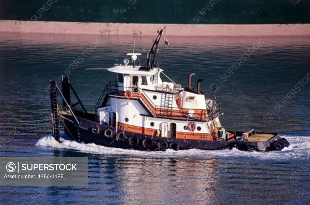 High angle view of a tugboat in the sea
