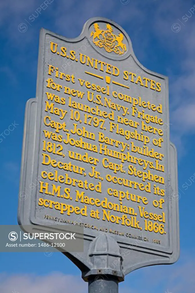 Low angle view of a history plaque, Penn's Landing, Waterfront District, Philadelphia, Pennsylvania, USA