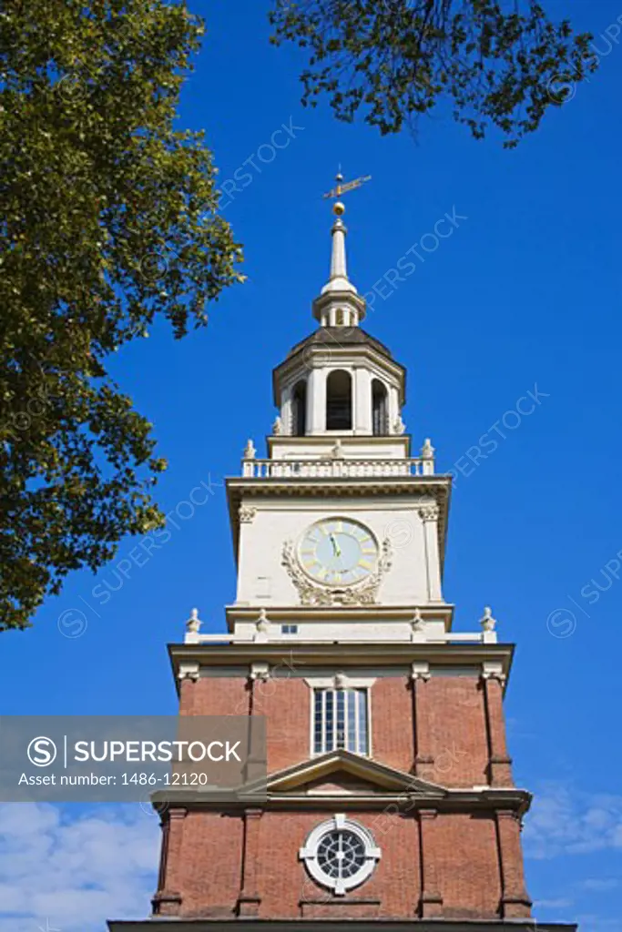 Low angle view of a clock tower, Independence Hall, Independence National Historical Park, Old City, Philadelphia, Pennsylvania, USA