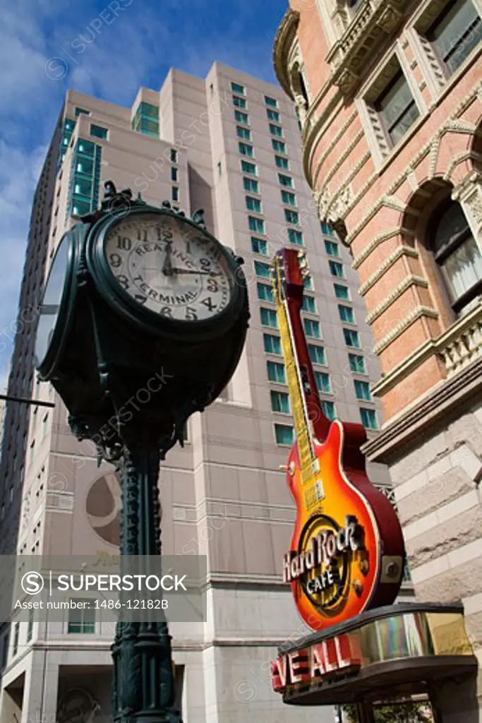 Low angle view of buildings, Hard Rock Cafe, Market Street, Philadelphia, Pennsylvania, USA
