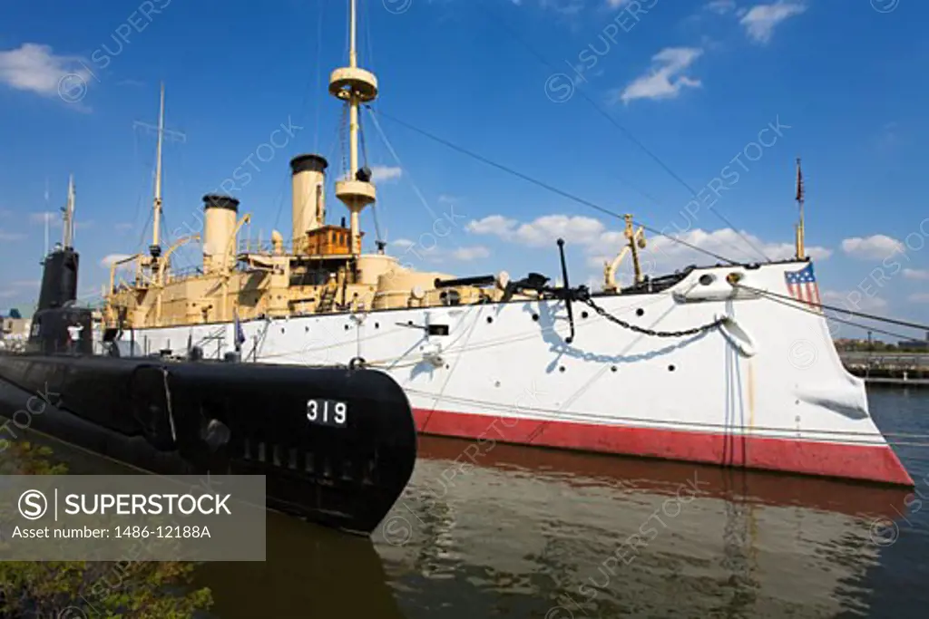 Museum ships moored at the river, Cruiser Olympia, Submarine Becuna, Independence Seaport Museum, Delaware River, Penn's Landing, Waterfront District, Philadelphia, Pennsylvania, USA
