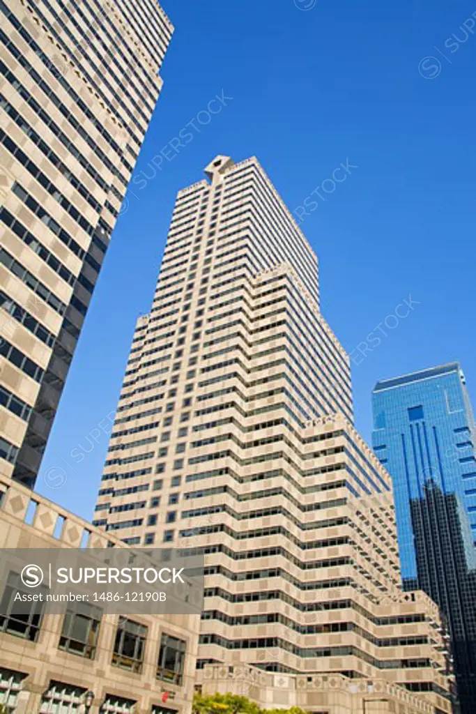 Low angle view of commercial buildings, Commerce Tower, G. Fred DiBona Jr. Building, Commerce Square, Center City, Philadelphia, Pennsylvania, USA