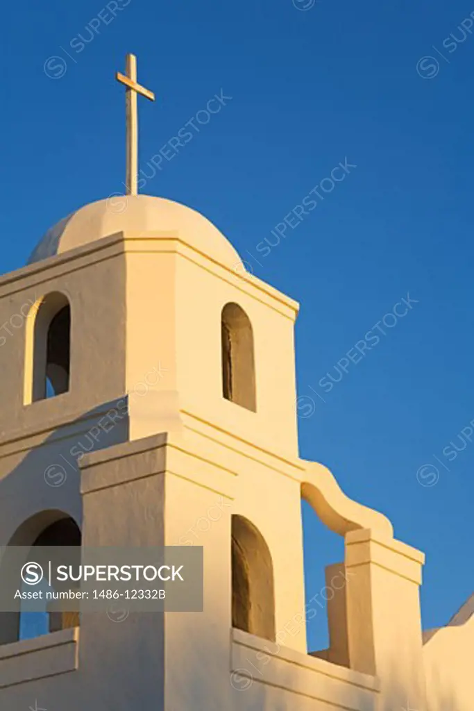 Low angle view of a bell tower in a church, Old Adobe Mission, Scottsdale, Phoenix, Arizona, USA
