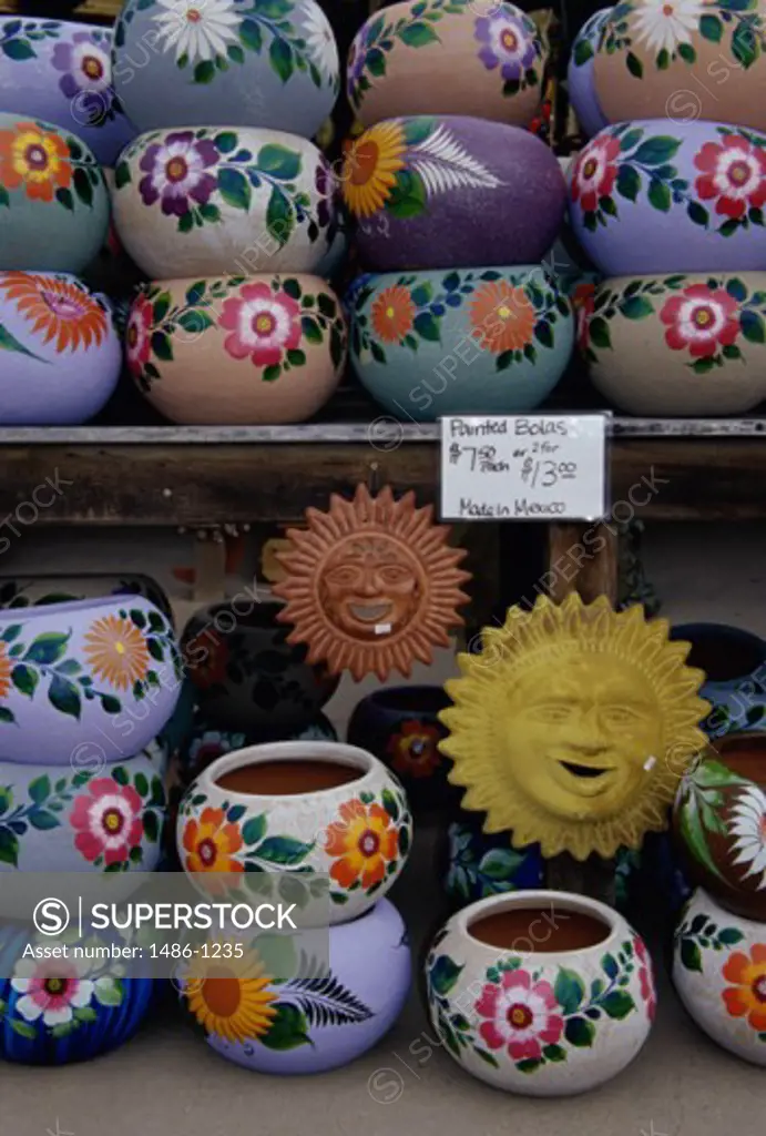 Pottery displayed in a market stall, Old Town State Historic Park, San Diego, California, USA