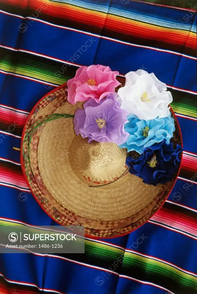 High angle view of artificial flowers fixed on a straw hat, Old Town State Historic Park, San Diego, California, USA