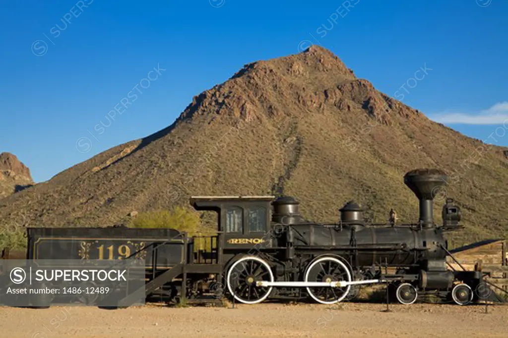 Reno locomotive in front of a mountain, Old Tucson Studios, Tucson, Pima County, Arizona, USA