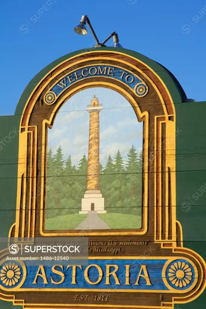 Close-up of a Welcome sign, Astoria Column, Astoria, Oregon, USA