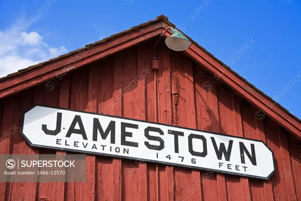 Low angle view of the sign board of a railroad station, Railtown 1897 State Historic Park, Jamestown, California, USA