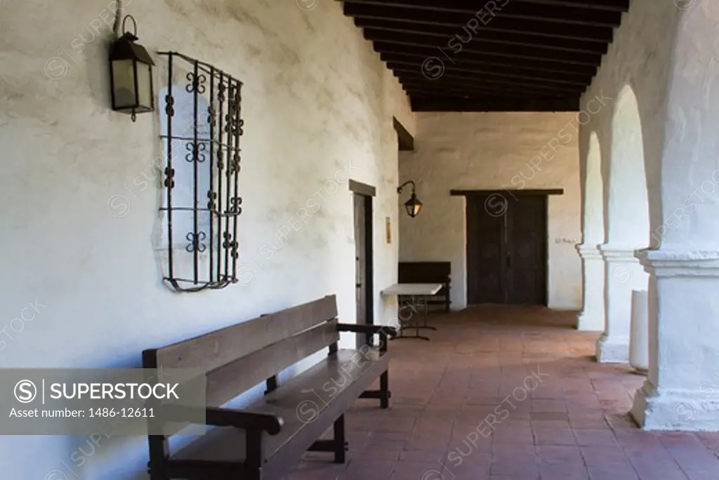 Courtyard corridor, Mission Basilica San Diego de Alcala, San Diego, California, USA