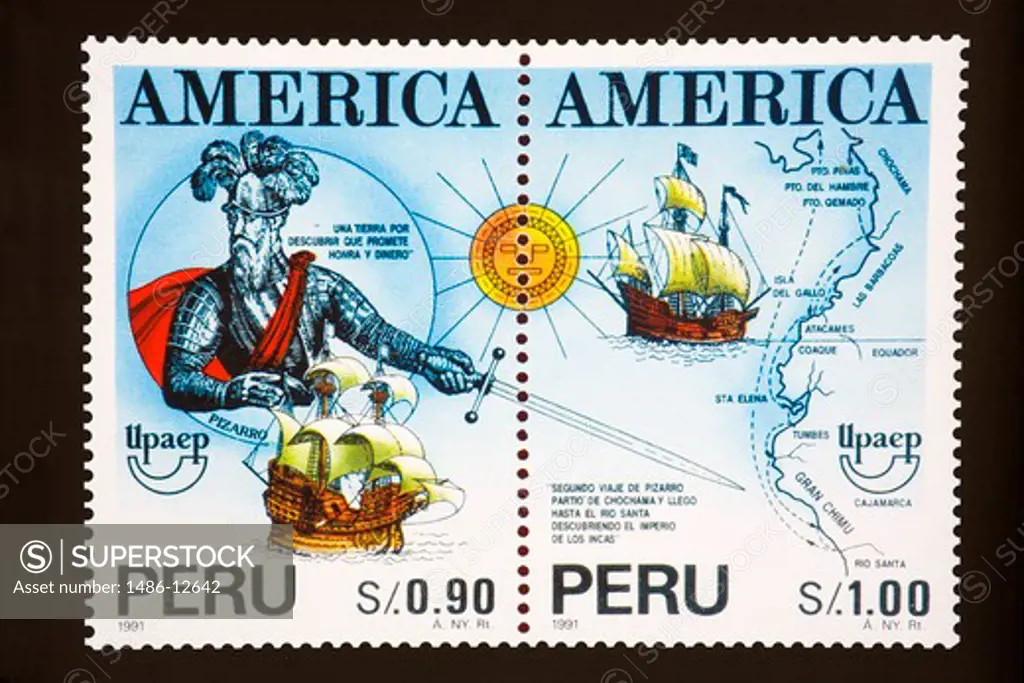 Close-up of a postage stamp, Plaza-De-Armas, Lima, Peru