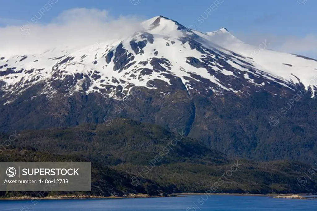 Channel in front of snowcapped mountains, Martial Mountains, Beagle Channel, Tierra Del Fuego, Patagonia, Argentina