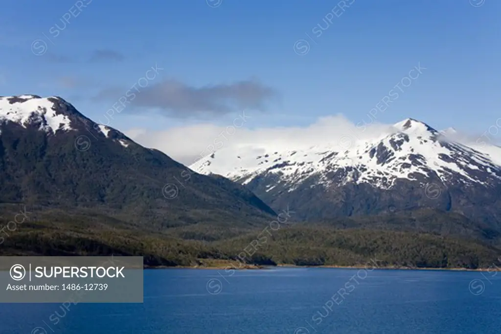 Channel in front of snowcapped mountains, Martial Mountains, Beagle Channel, Tierra Del Fuego, Patagonia, Argentina