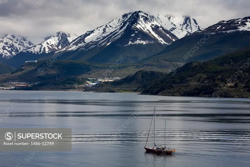 Boat in the sea, Martial Mountains, Beagle Channel, Tierra Del Fuego, Patagonia, Argentina