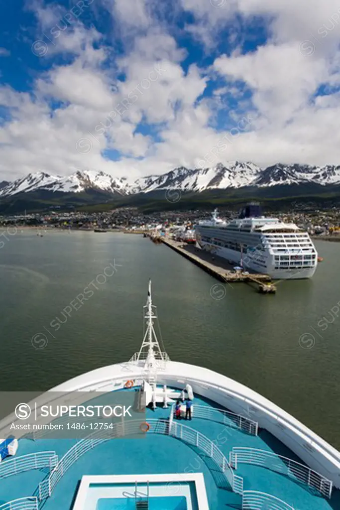 Cruise ship at a port, Martial Mountains, Beagle Channel, Tierra Del Fuego, Patagonia, Argentina