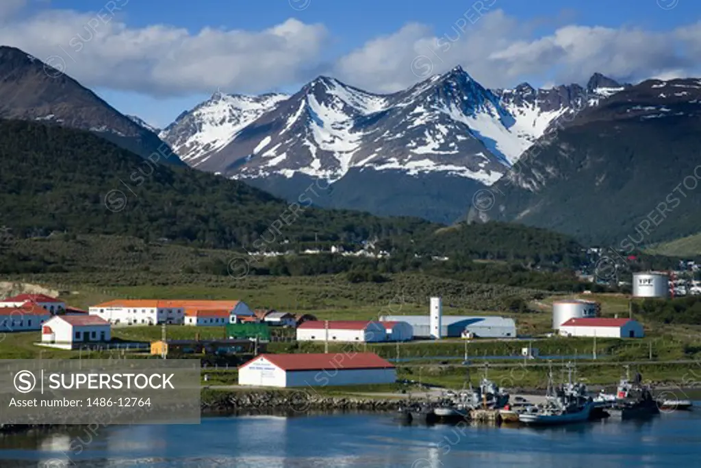 Naval Base with mountains in background, Martial Mountains, Beagle Channel, Tierra Del Fuego, Patagonia, Argentina