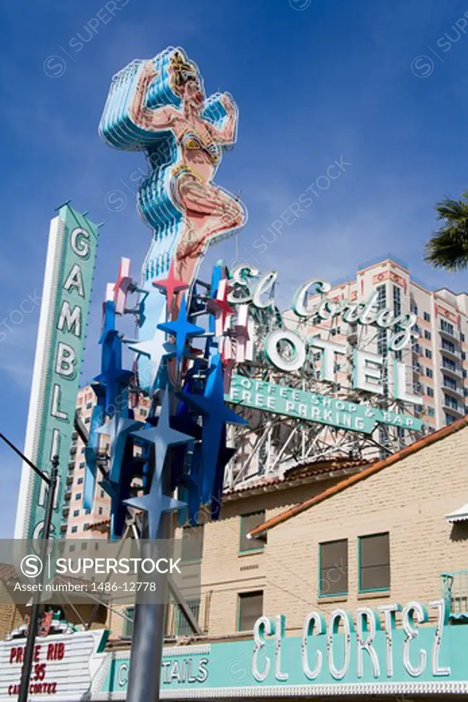 Neon sign with a hotel in the background, El Cortez, Fremont Street, Neon Museum, Las Vegas, Nevada, USA