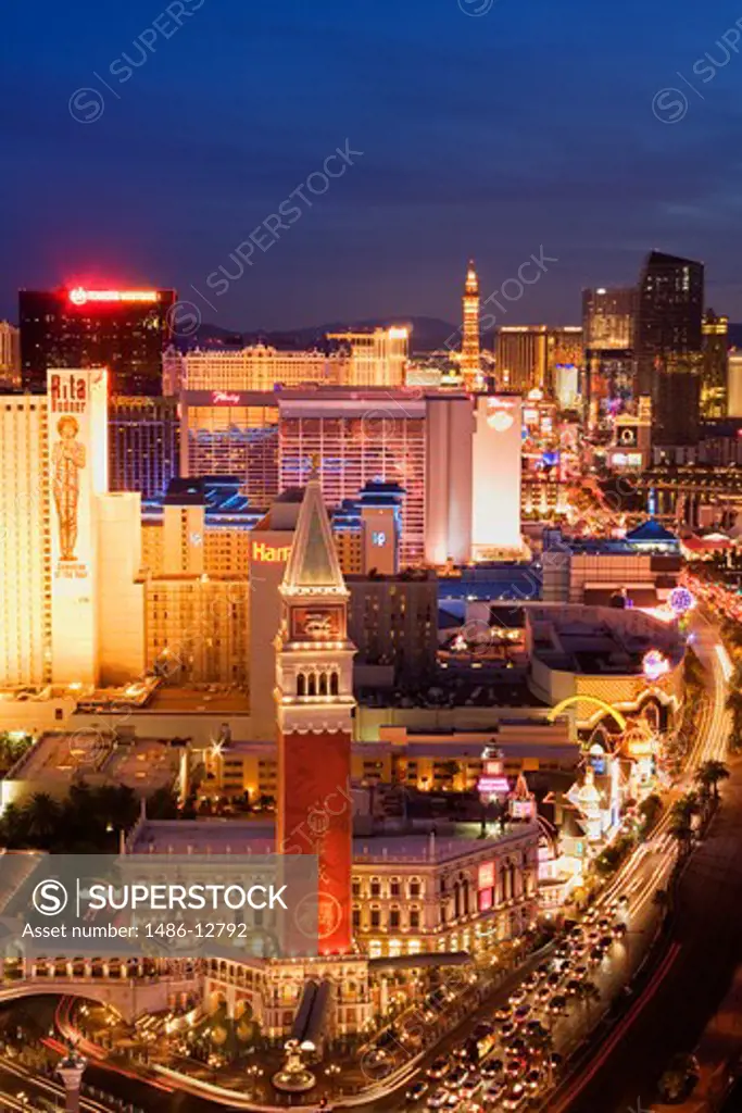 High angle view of hotels in a city, The Strip, Las Vegas, Nevada, USA