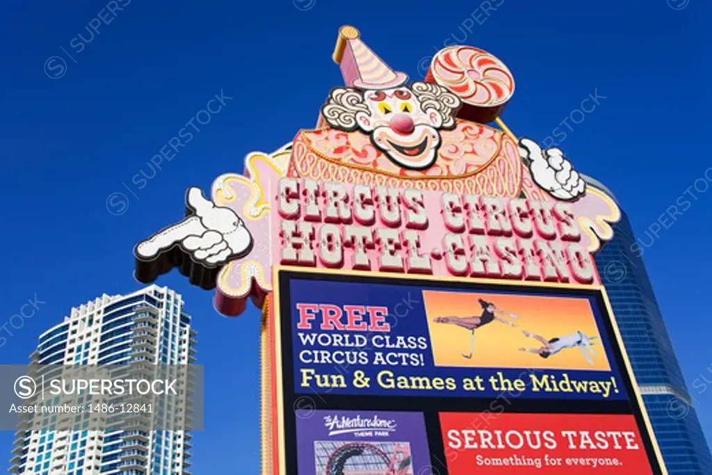 Low angle view of a signboard of a hotel, Circus Circus Las Vegas, The Strip, Las Vegas, Nevada, USA
