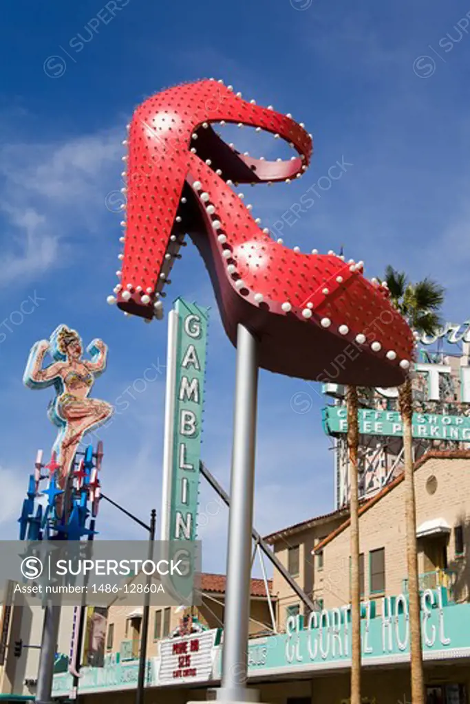 Historic Ruby Slipper neon sign at a casino, El Cortez, Fremont Street, Neon Museum, Las Vegas, Nevada, USA