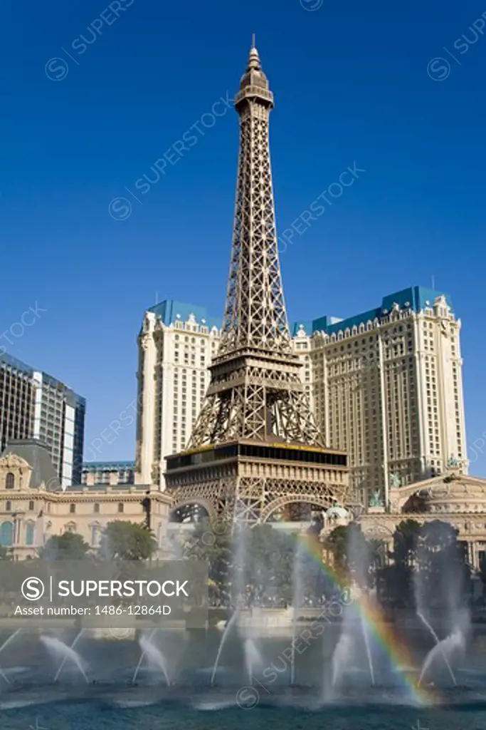 Fountain in front of hotels, Paris Las Vegas, The Strip, Las Vegas, Nevada, USA