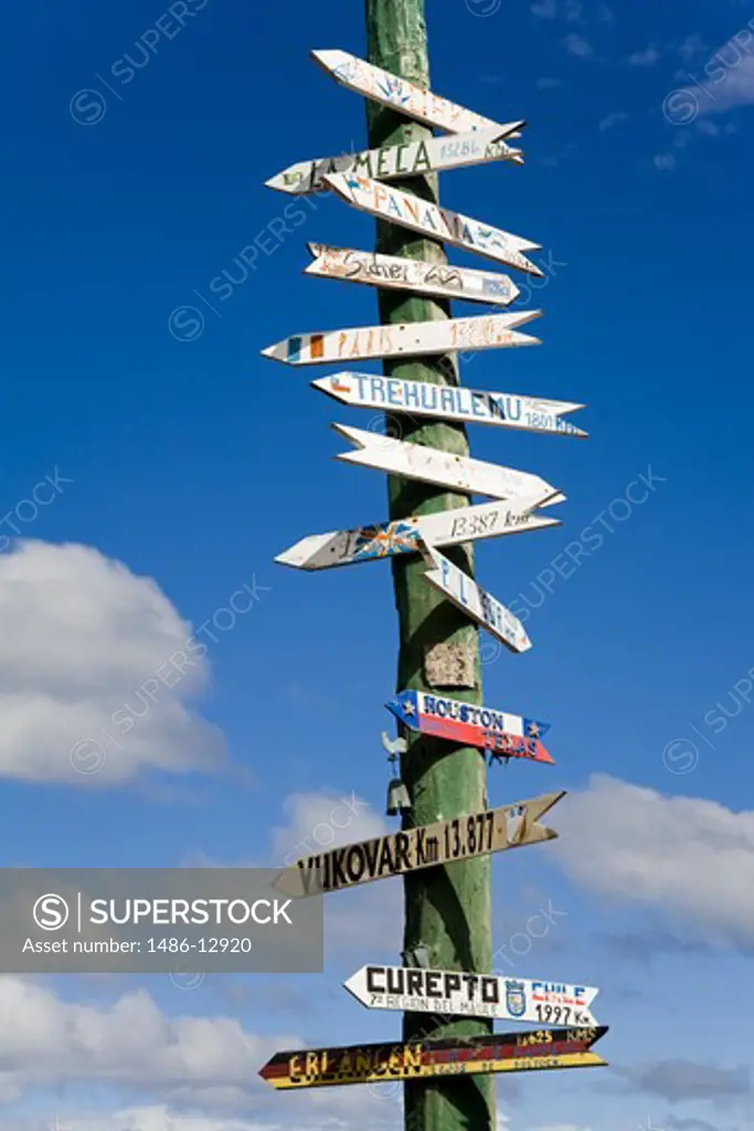 Low angle view of signboards, La Cruz Hill, Punta Arenas, Magallanes Province, Patagonia, Chile