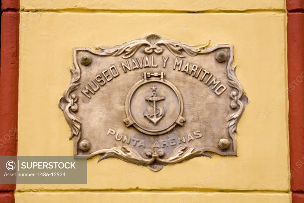Close-up of the crest of a museum, Naval And Maritime Museum, Punta Arenas, Magallanes Province, Patagonia, Chile