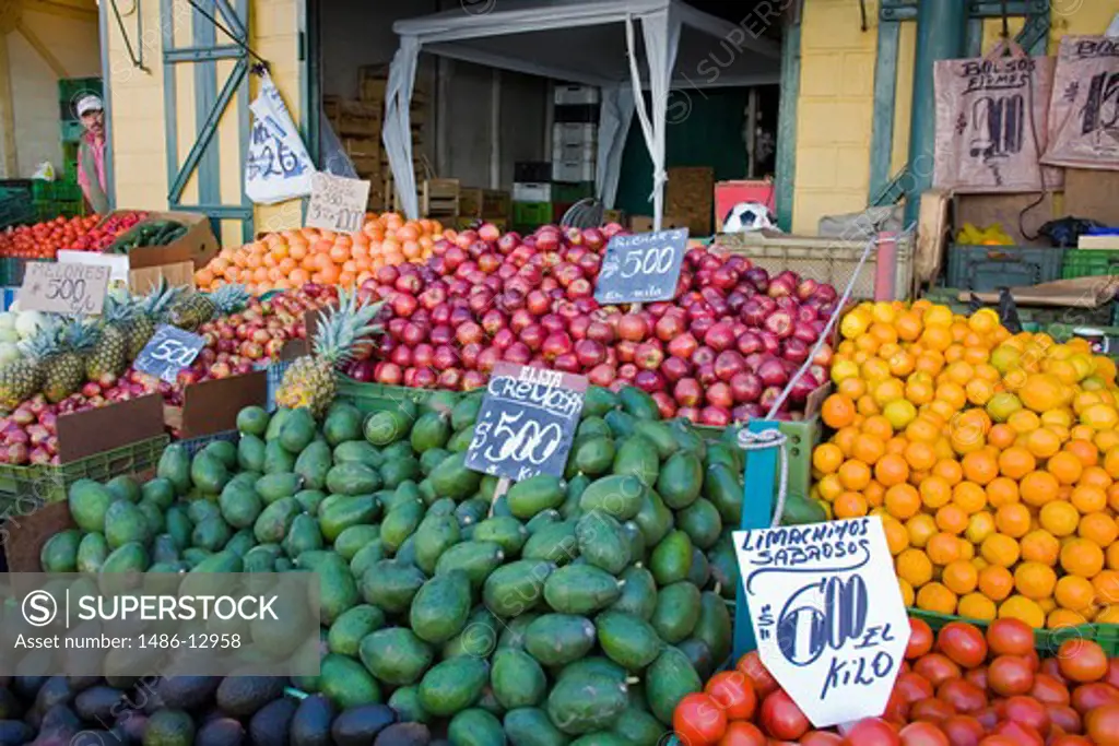 Fruits and vegetable at a market stall, Cardonal Market, Valparaiso, Chile