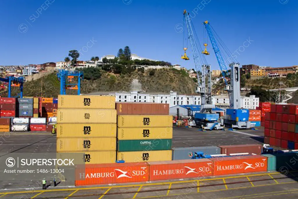 Cargo containers at a commercial dock, Valparaiso, Chile