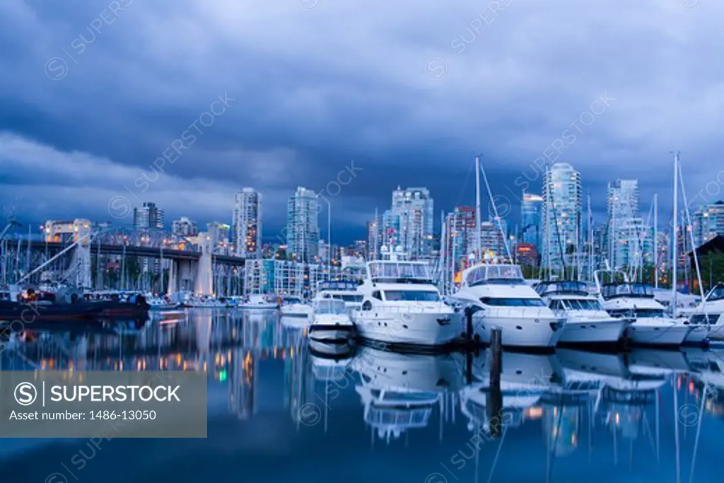 Canada, British Columbia, Vancouver, False Creek, Burrard Bridge and Broker's Bay Marina