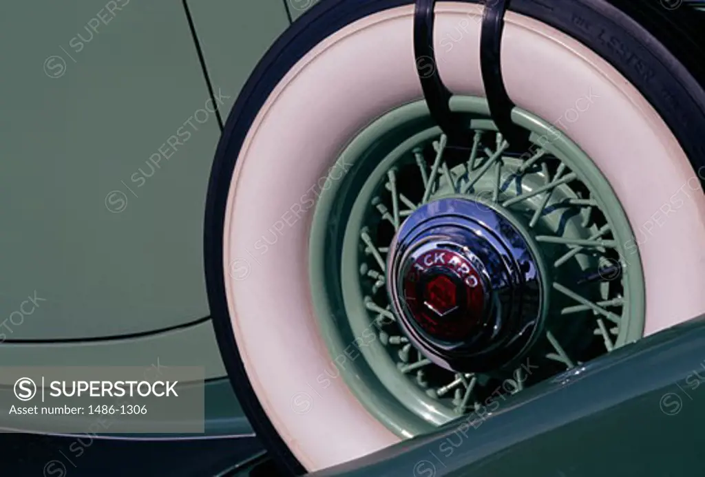 Close-up of hubcap of a Packard car