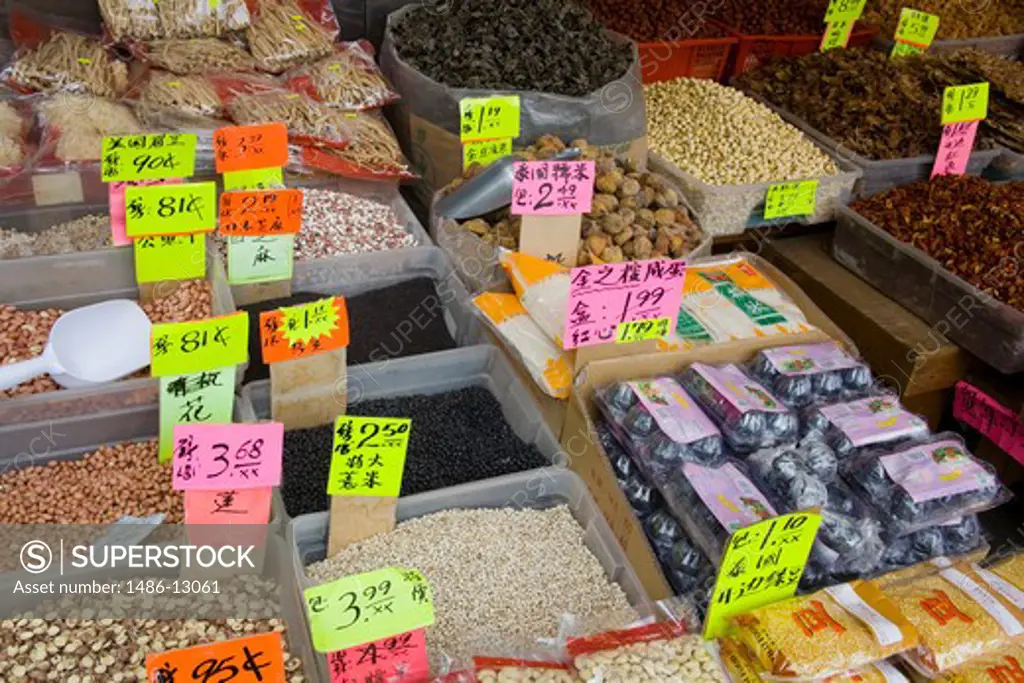 Canada, British Columbia, Vancouver, close up of food on market stall in chinatown