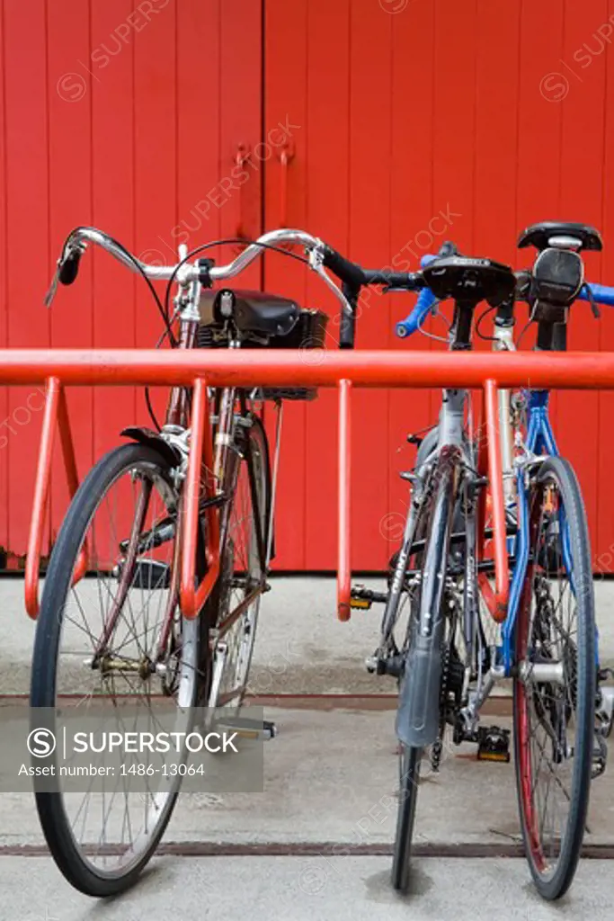 Canada, British Columbia, Vancouver, Granville Island, parked bicycles