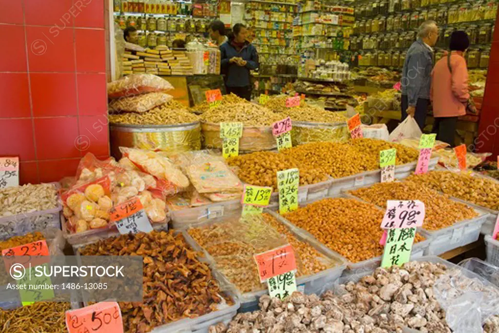 Canada, British Columbia, Vancouver, Close up of food on market stall in chinatown