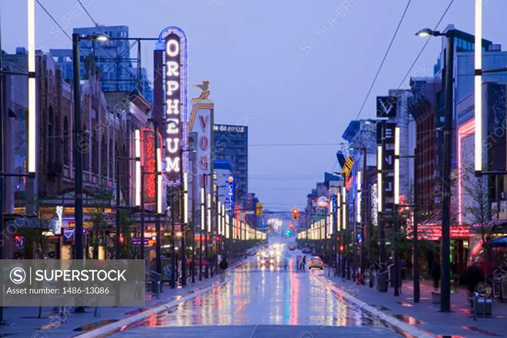 Canada, British Columbia, Vancouver, Orpheum Theatre on Granville Street at dusk