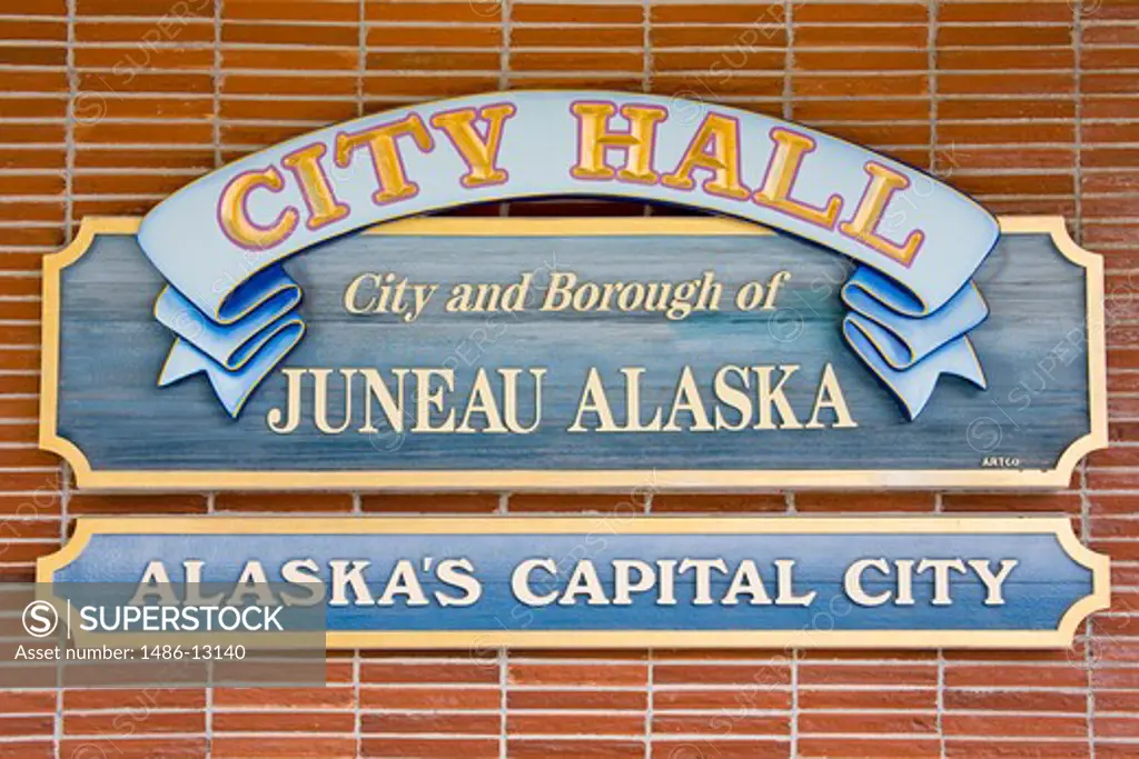 Sign of a city hall, Juneau, Alaska, USA