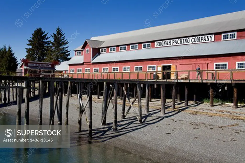 Pier with a museum in the background, Glacier Bay, Cannery Museum, Icy Strait Point, Hoonah City, Chichagof Island, Alaska, USA