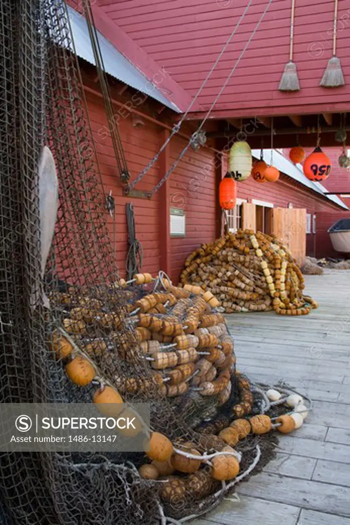 Commercial fishing nets in front of a museum, Cannery Museum, Icy Strait Point, Hoonah City, Chichagof Island, Alaska, USA