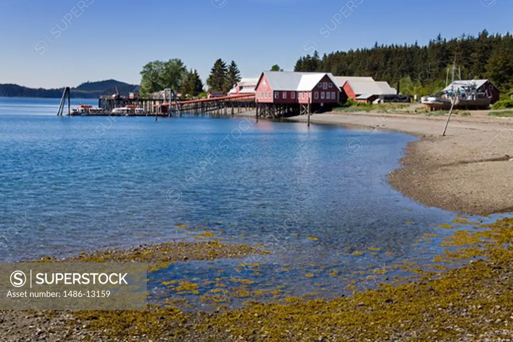 Bay with a museum in the background, Glacier Bay, Cannery Museum, Icy Strait Point, Hoonah City, Chichagof Island, Alaska, USA