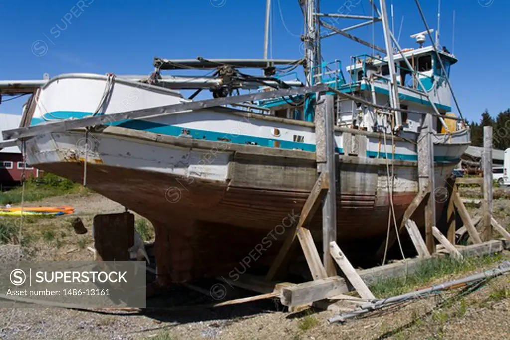 Abandoned fishing boat at the coast, Cannery Museum, Icy Strait Point, Hoonah City, Chichagof Island, Alaska, USA