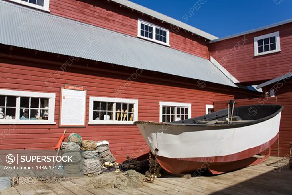 Fishing boat in front of a museum, Cannery Museum, Icy Strait Point, Hoonah City, Chichagof Island, Alaska, USA