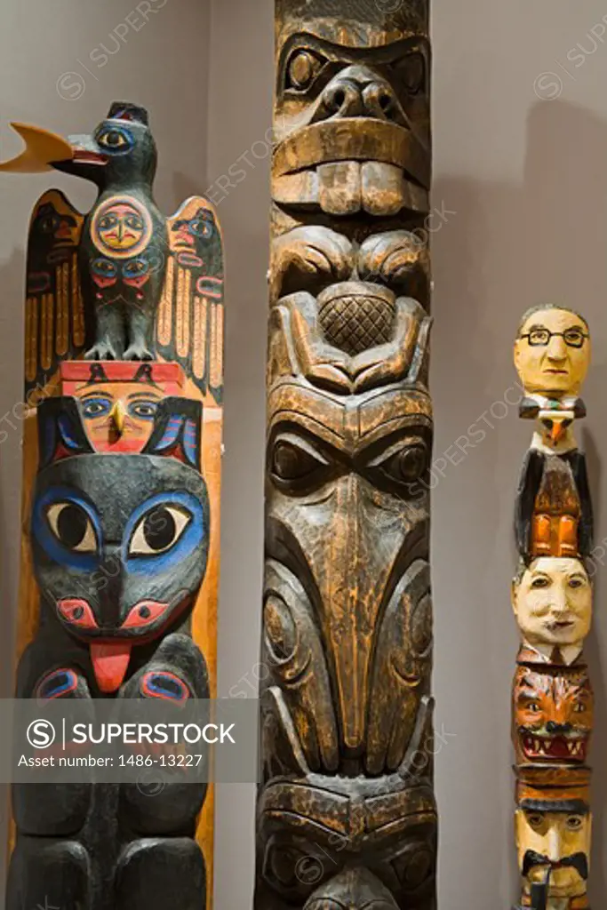 Totem poles in a museum, Tongass Historical Museum, Ketchikan, Alaska, USA