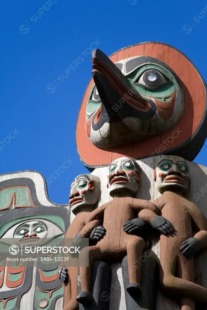 Low angle view of totem poles, Ketchikan, Alaska, USA