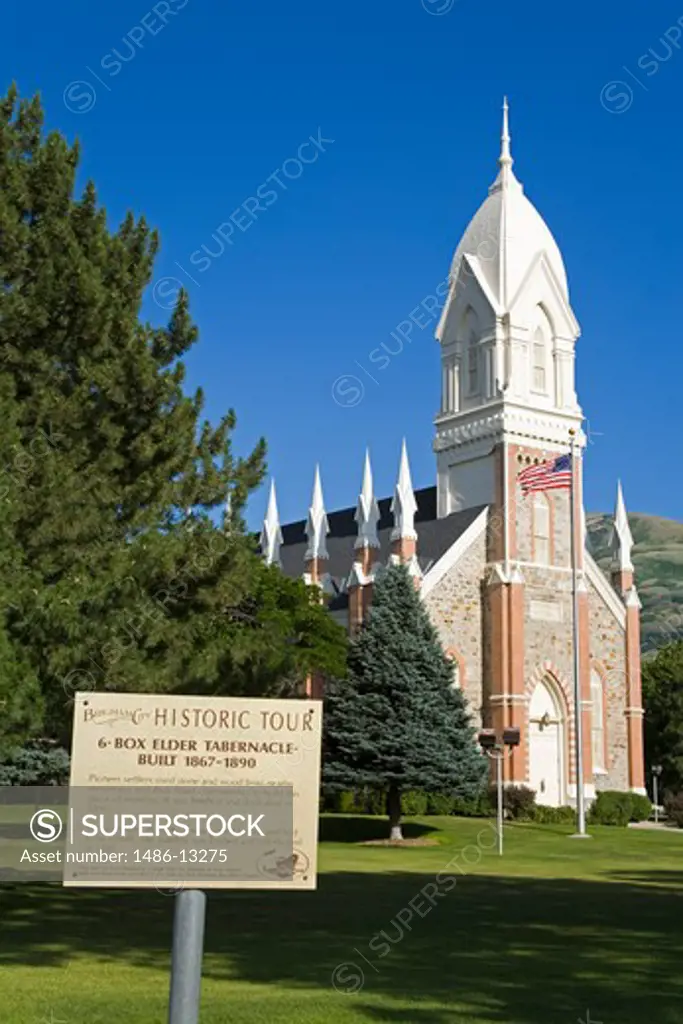 Signboard in front of a tabernacle, Box Elder Tabernacle, Brigham City, Utah, USA