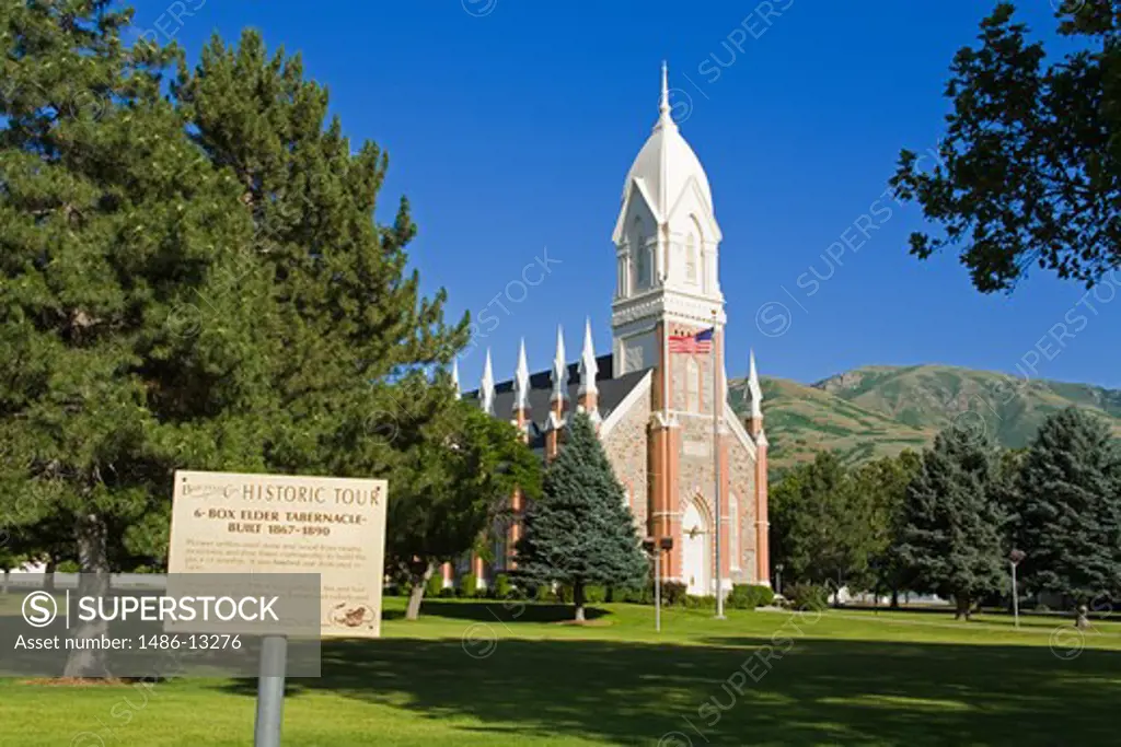 Signboard in front of a tabernacle, Box Elder Tabernacle, Brigham City, Utah, USA